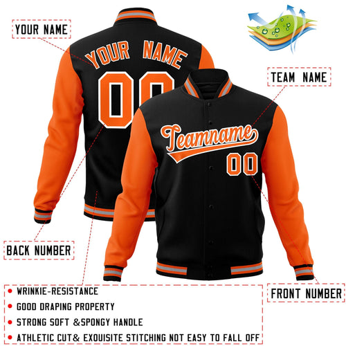 Custom Black Orange-White Letterman Jacket with Contrast Sleeves Varsity Full-Snap