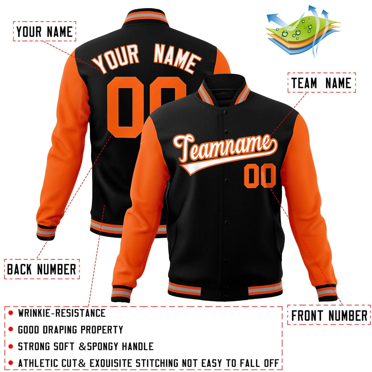 Custom Black White-Orange Letterman Jacket with Contrast Sleeves Varsity Full-Snap
