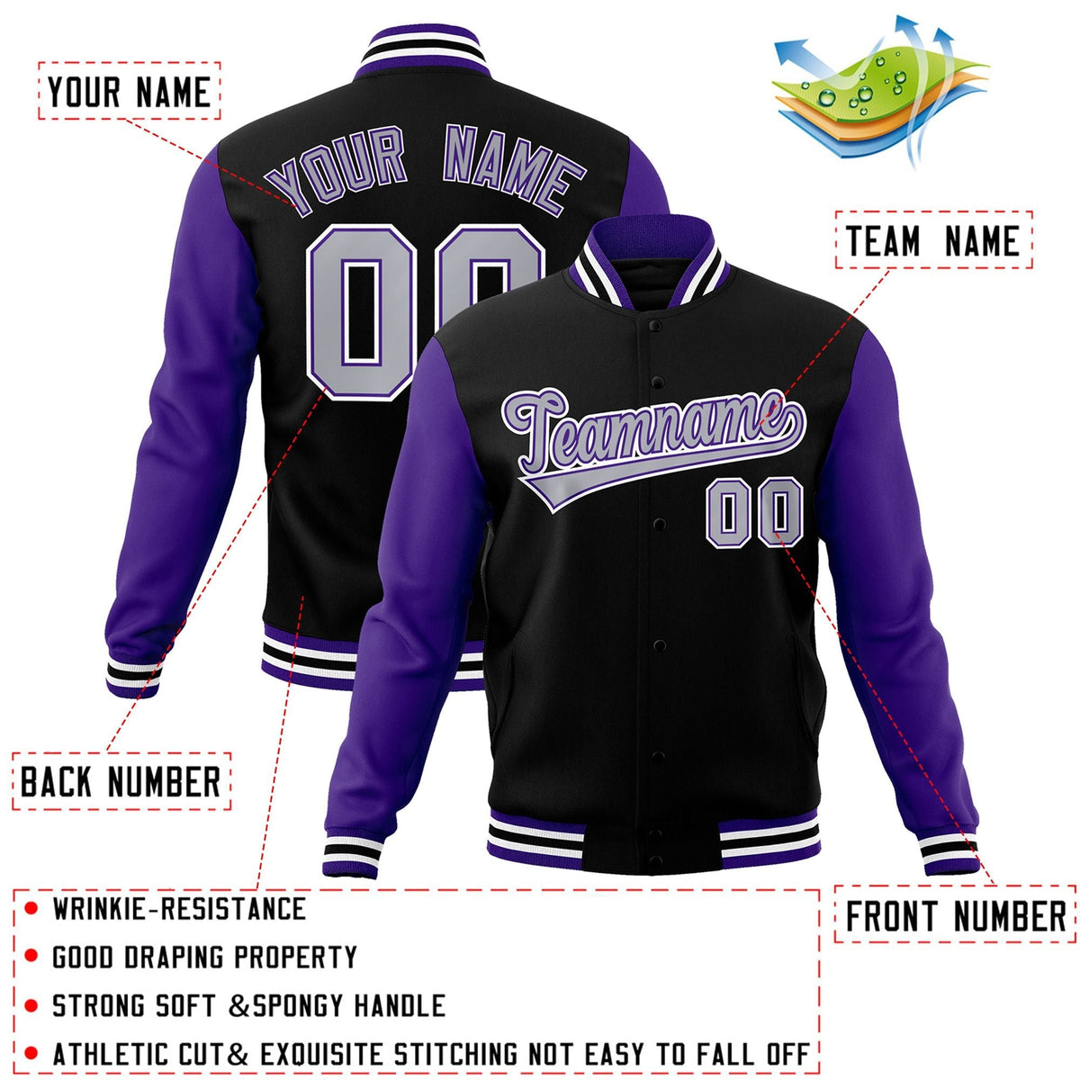 Custom Black Gray-Purple Letterman Jacket with Contrast Sleeves Varsity Full-Snap