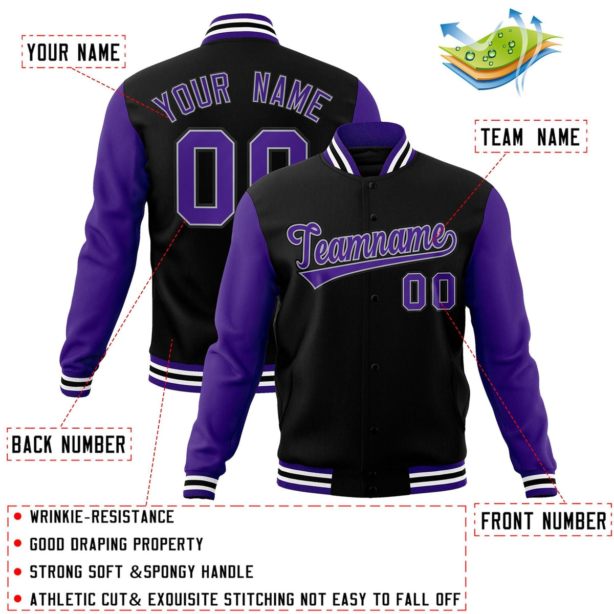 Custom Black Purple-White Letterman Jacket with Contrast Sleeves Varsity Full-Snap