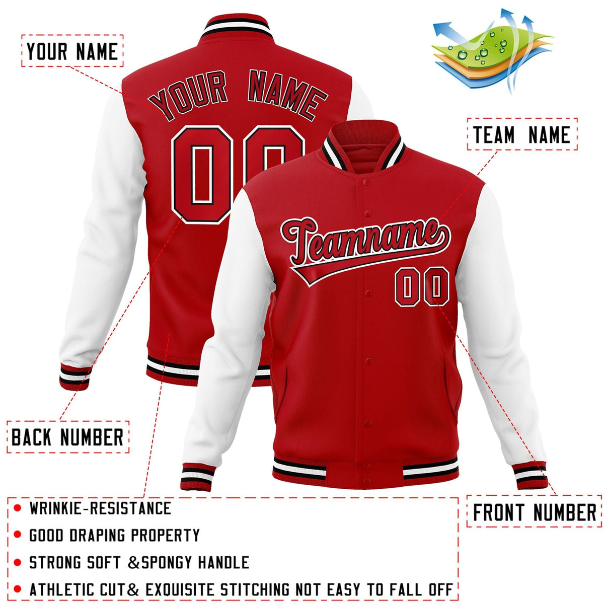 Custom Red White-Black Letterman Jacket with Contrast Sleeves Varsity Full-Snap