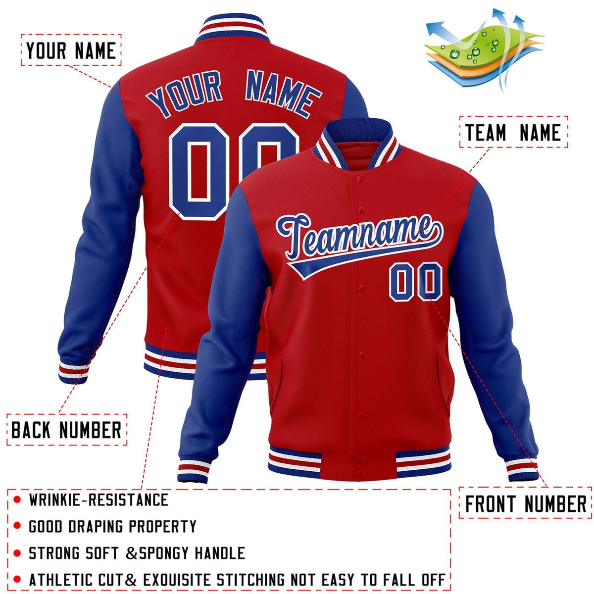 Custom Red Royal-White Letterman Jacket with Contrast Sleeves Varsity Full-Snap
