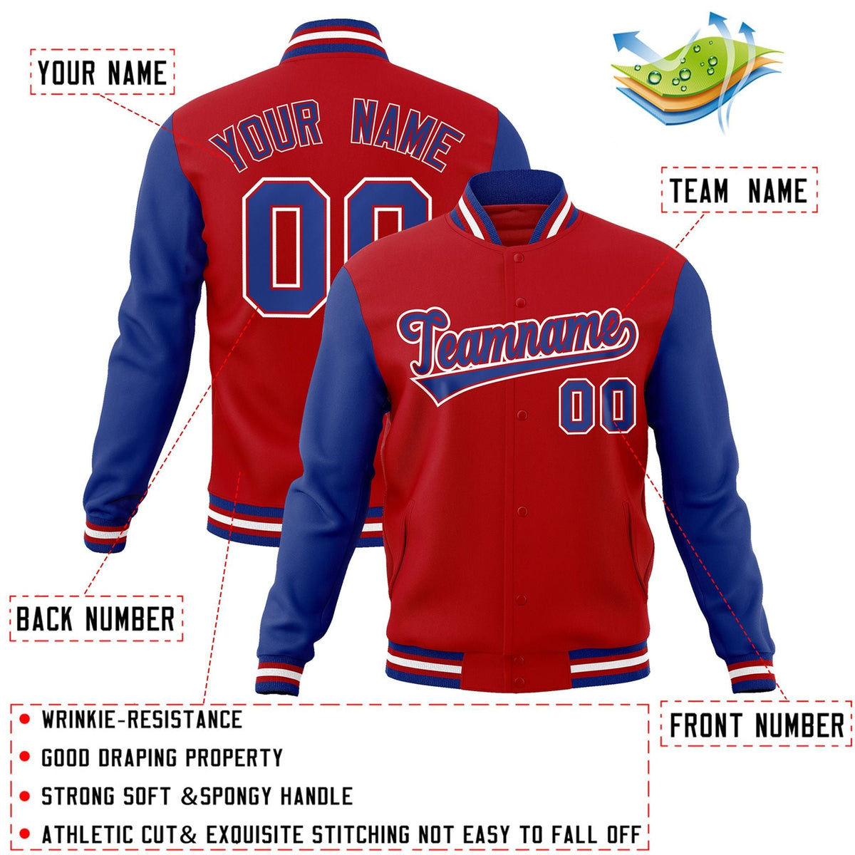 Custom Red Royal-Red Letterman Jacket with Contrast Sleeves Varsity Full-Snap