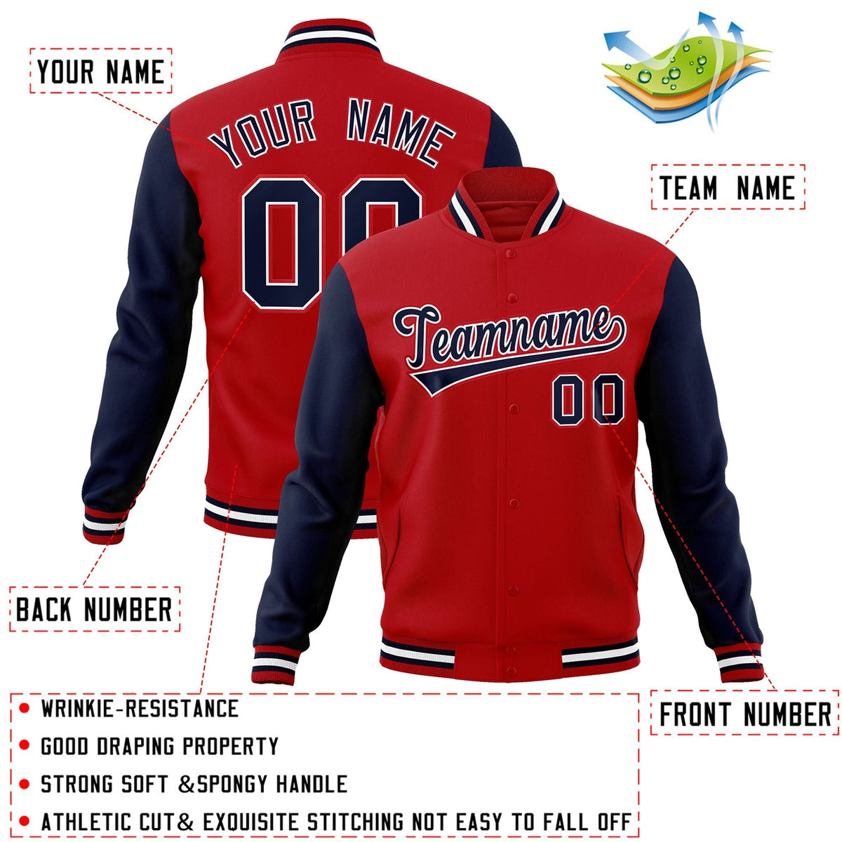 Custom Red Navy-White Letterman Jacket with Contrast Sleeves Varsity Full-Snap