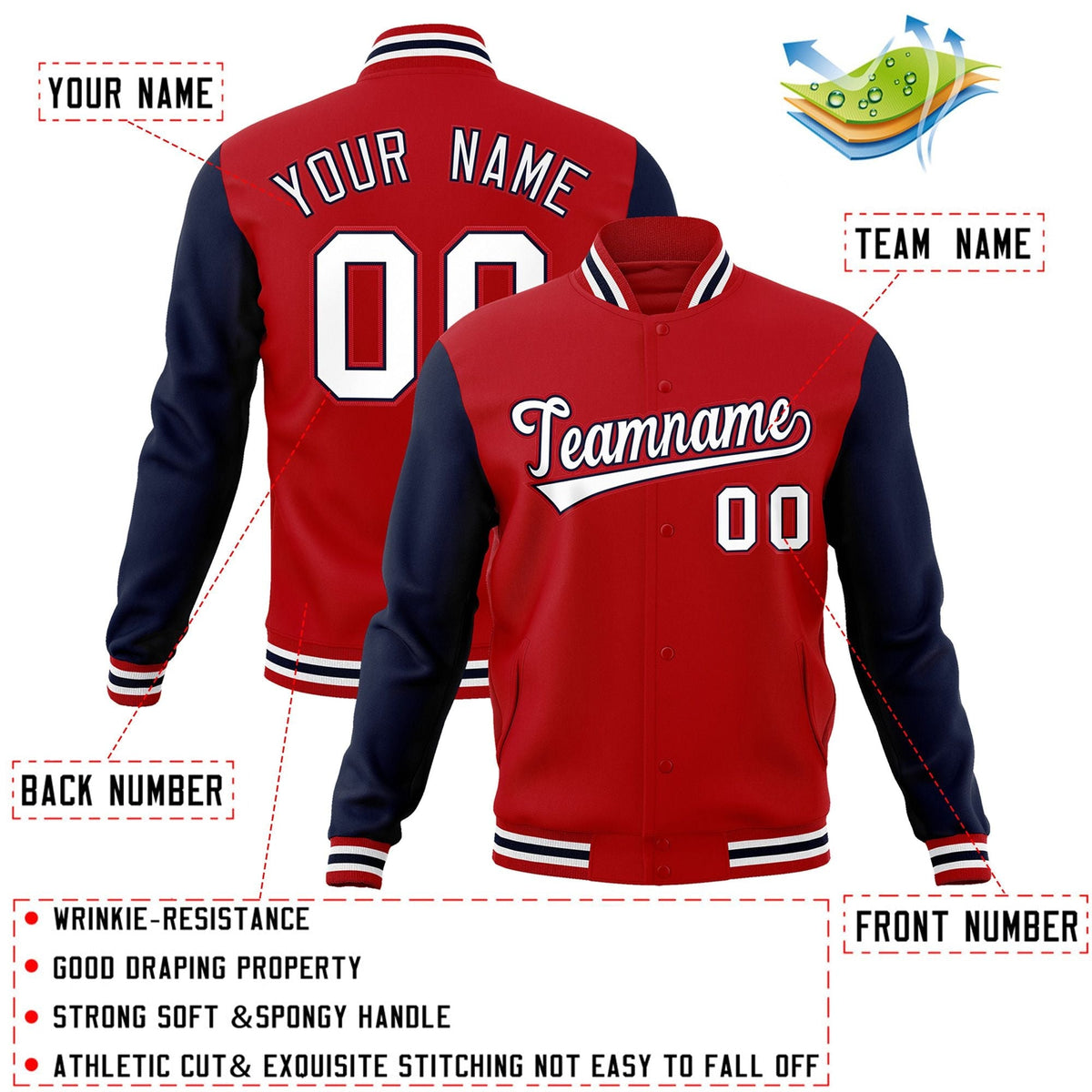 Custom Red White-Navy Letterman Jacket with Contrast Sleeves Varsity Full-Snap