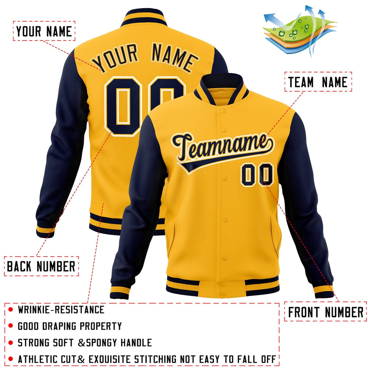 Custom Gold Navy-Gold Letterman Jacket with Contrast Sleeves Varsity Full-Snap