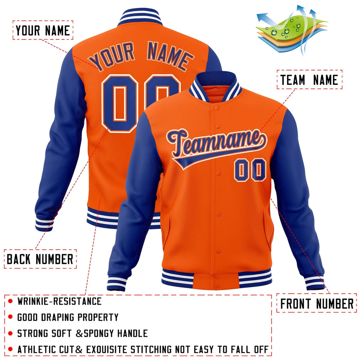 Custom Orange Royal-Orange Letterman Jacket with Contrast Sleeves Varsity Full-Snap