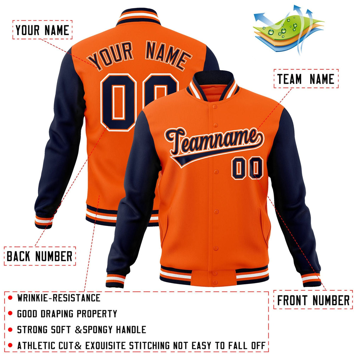 Custom Orange Navy-Orange Letterman Jacket with Contrast Sleeves Varsity Full-Snap