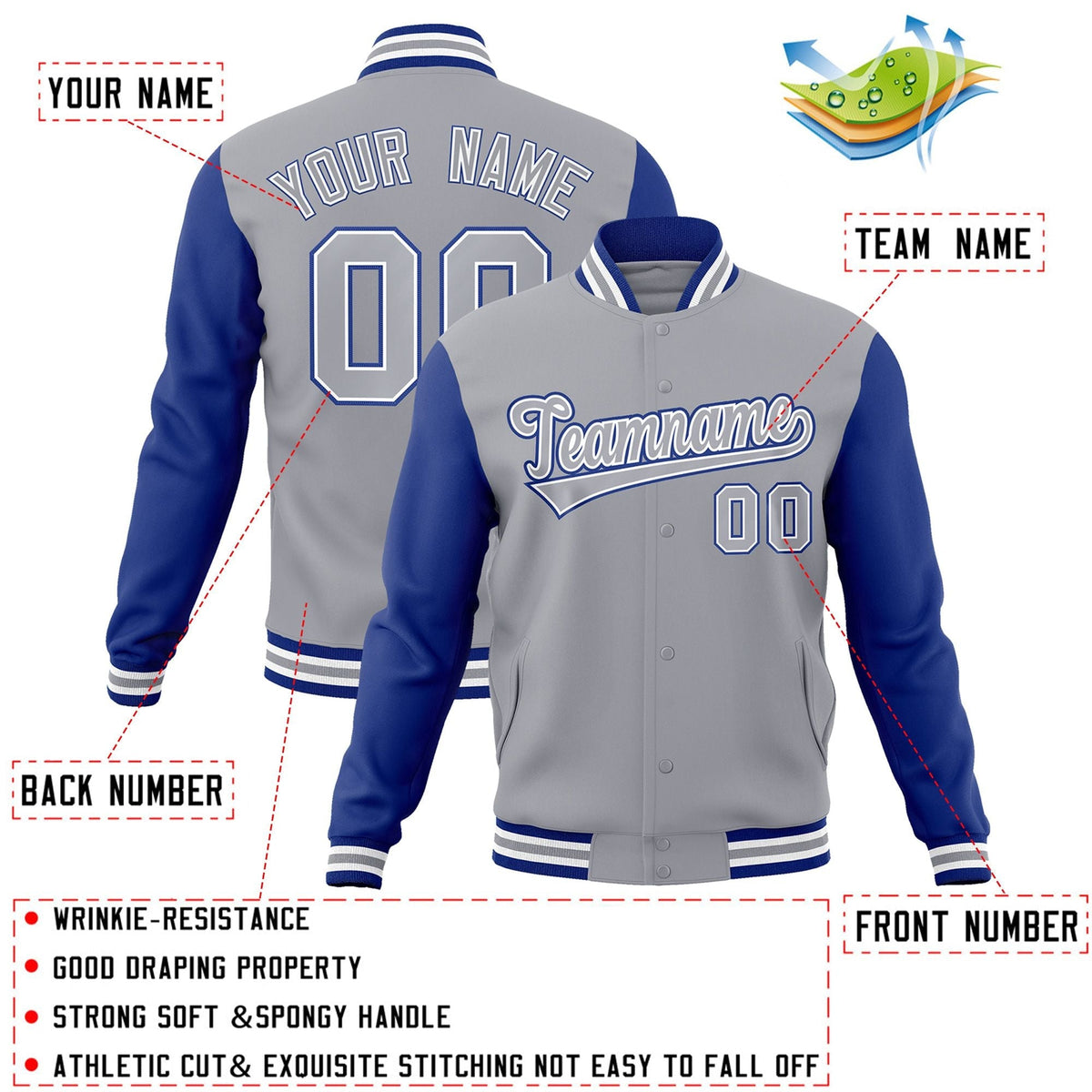 Custom Gray Gray-White Letterman Jacket with Contrast Sleeves Varsity Full-Snap