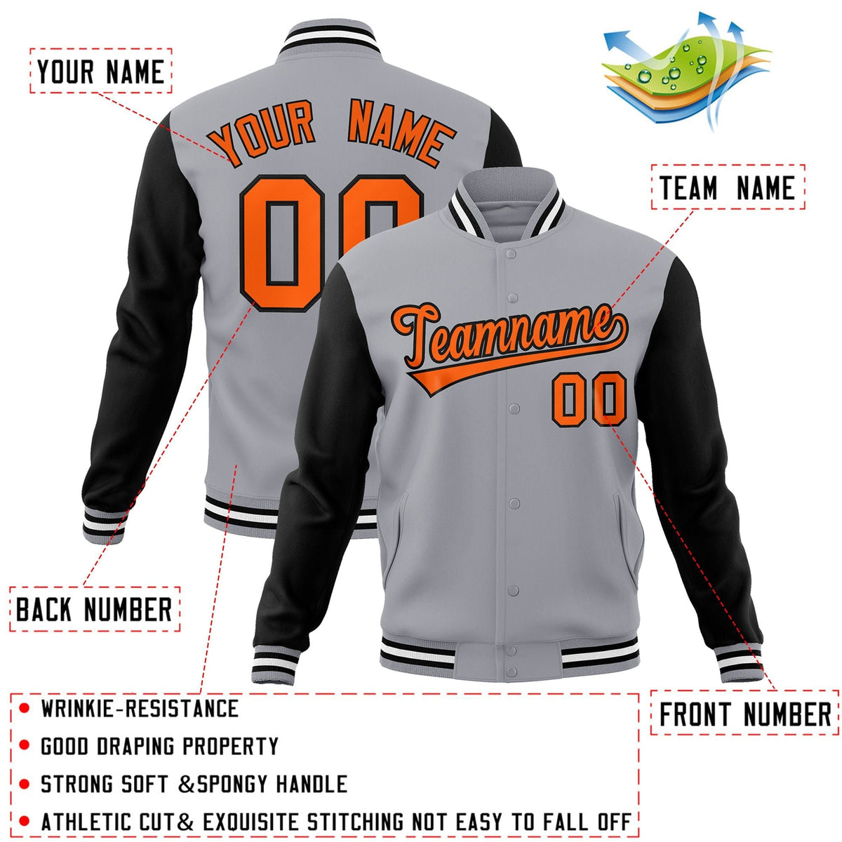 Custom Gray Orange-Black Letterman Jacket with Contrast Sleeves Varsity Full-Snap