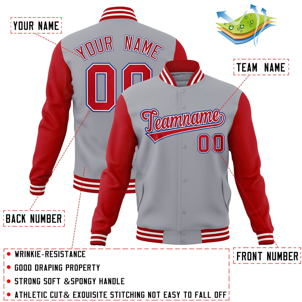 Custom Gray Red-White Letterman Jacket with Contrast Sleeves Varsity Full-Snap