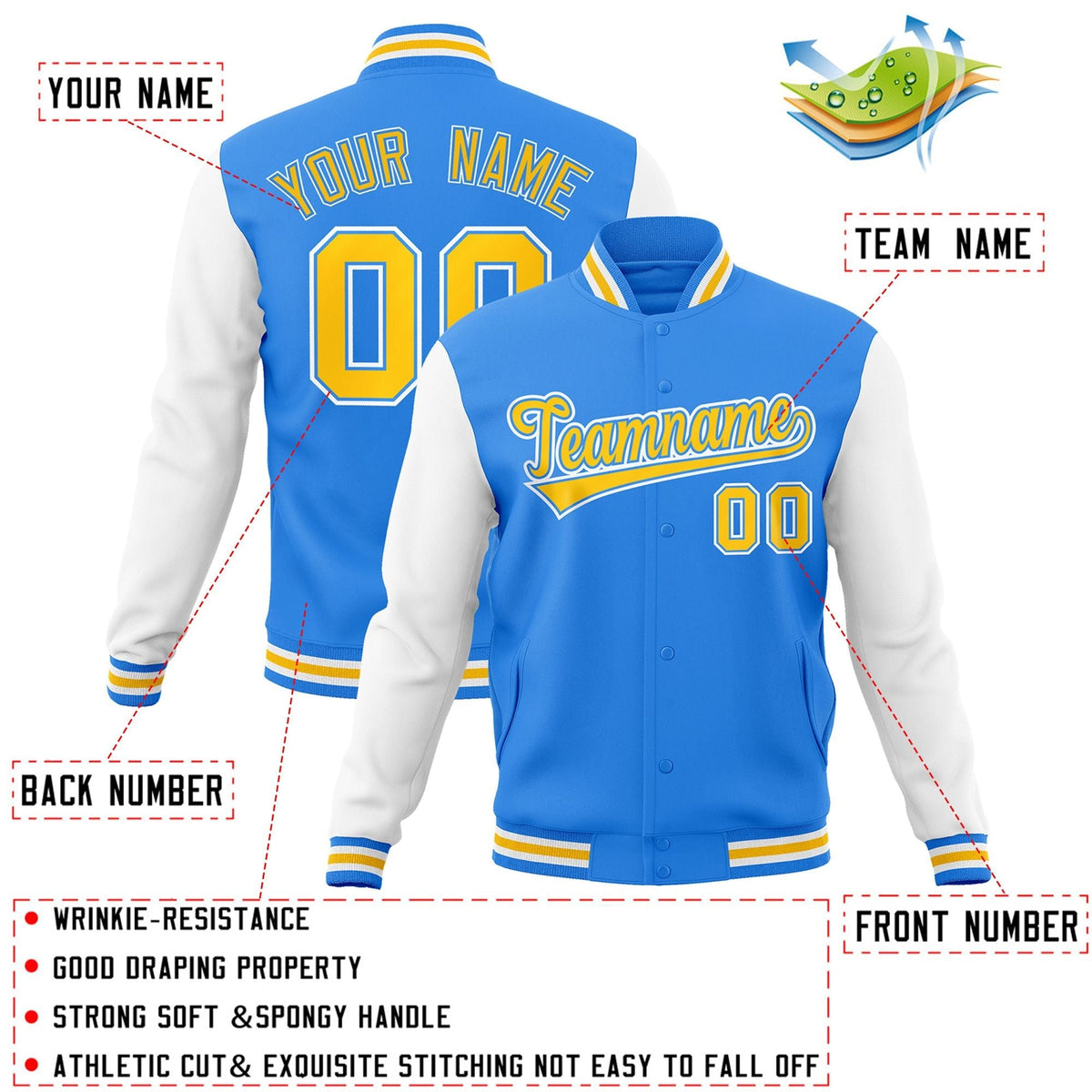 Custom Powder Blue Gold-Powder Blue Letterman Jacket with Contrast Sleeves Varsity Full-Snap
