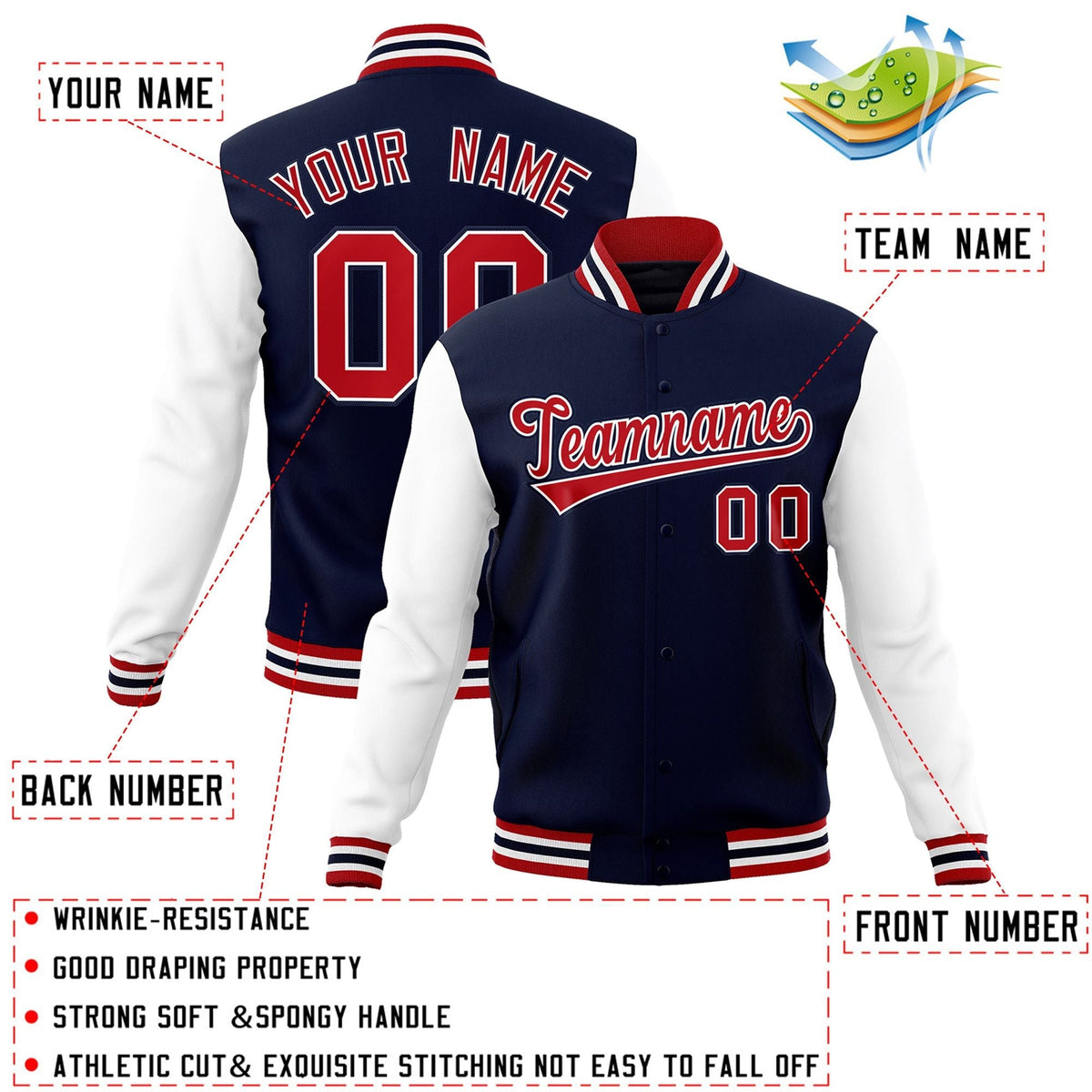Custom Navy Red-White Letterman Jacket with Contrast Sleeves Varsity Full-Snap