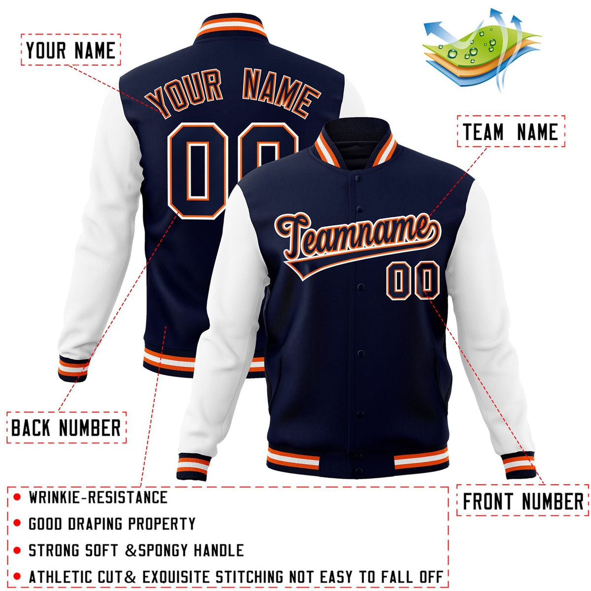 Custom Navy Navy-Orange Letterman Jacket with Contrast Sleeves Varsity Full-Snap