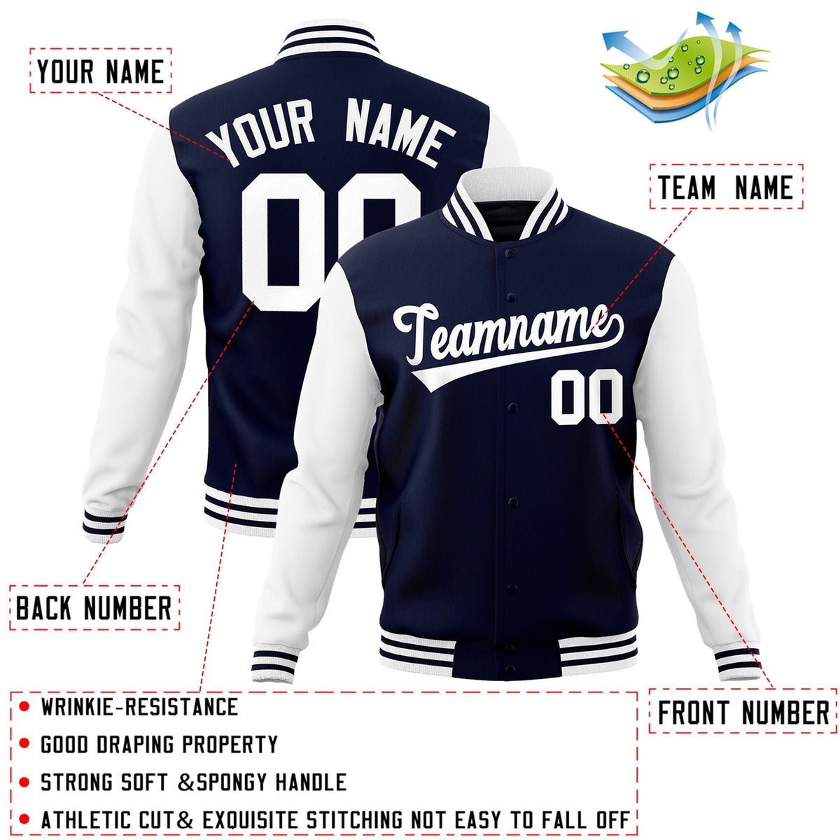 Custom Navy White  Letterman Jacket with Contrast Sleeves Varsity Full-Snap