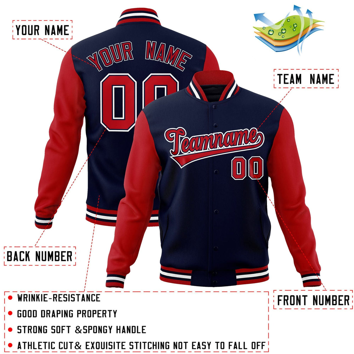Custom Navy Red-Navy Letterman Jacket with Contrast Sleeves Varsity Full-Snap