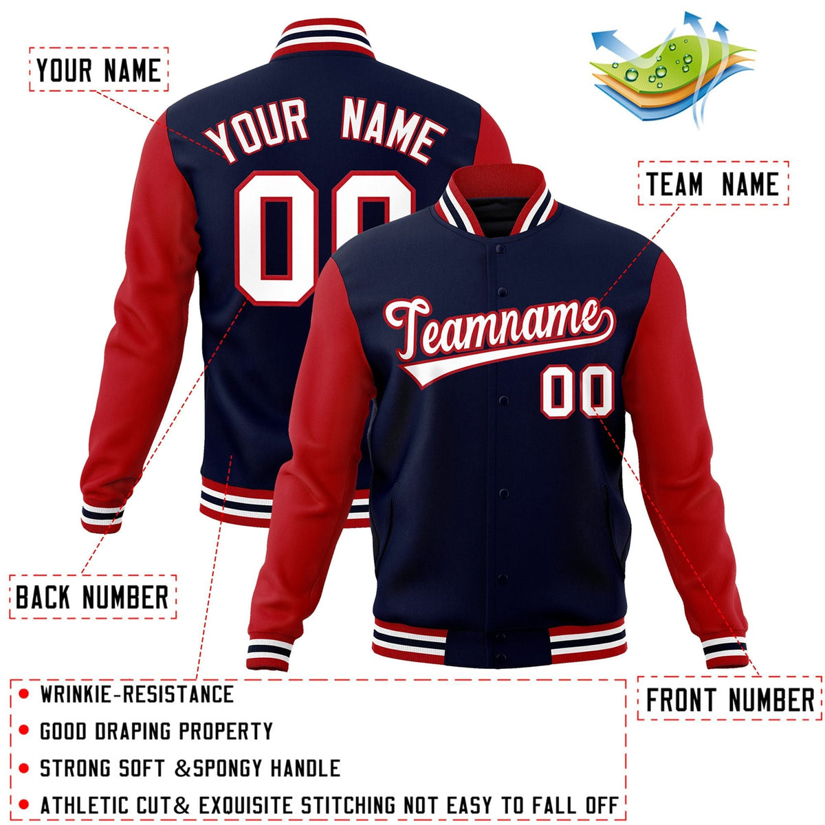 Custom Navy White-Red Letterman Jacket with Contrast Sleeves Varsity Full-Snap