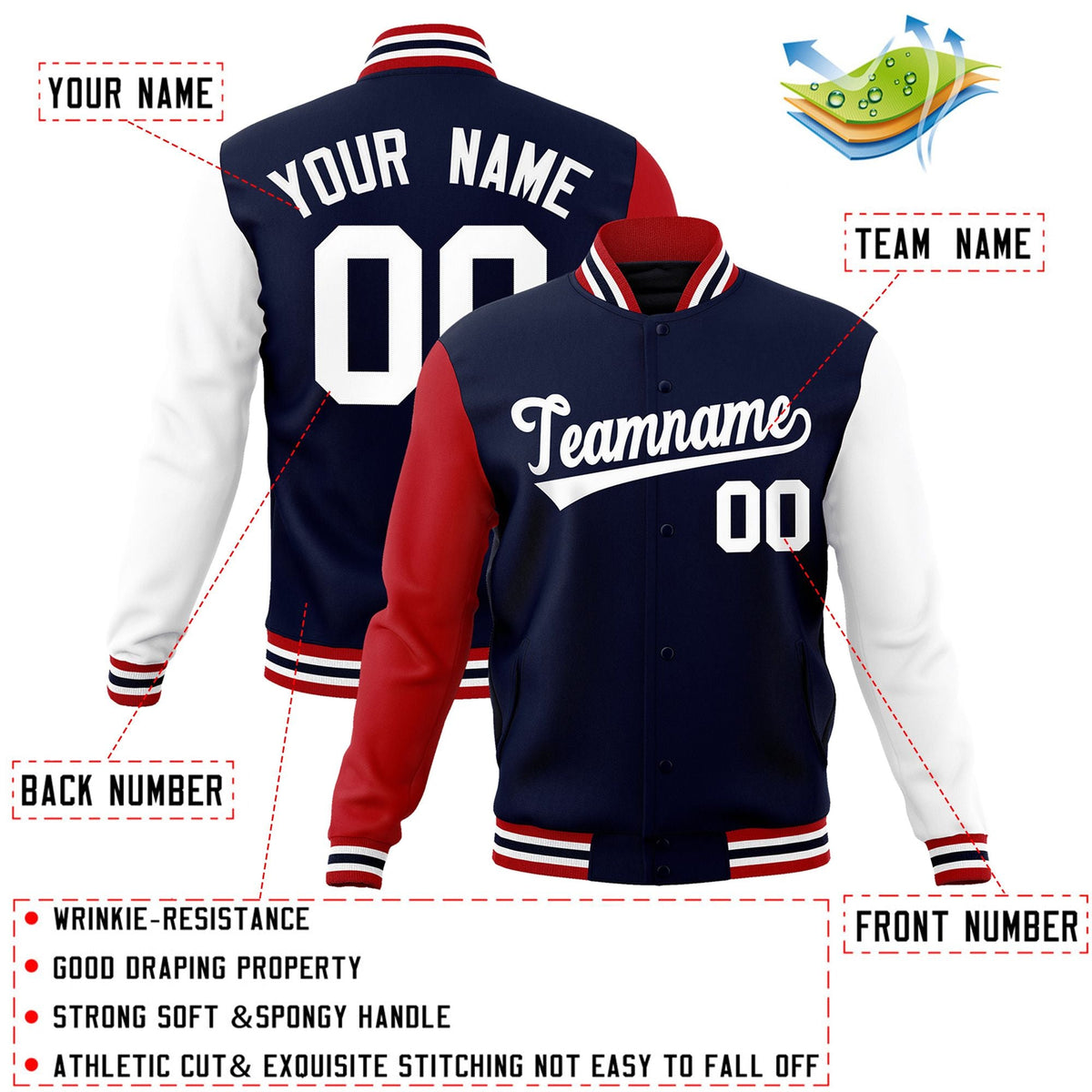 Custom Navy White Letterman Jacket with Contrast Sleeves Varsity Full-Snap