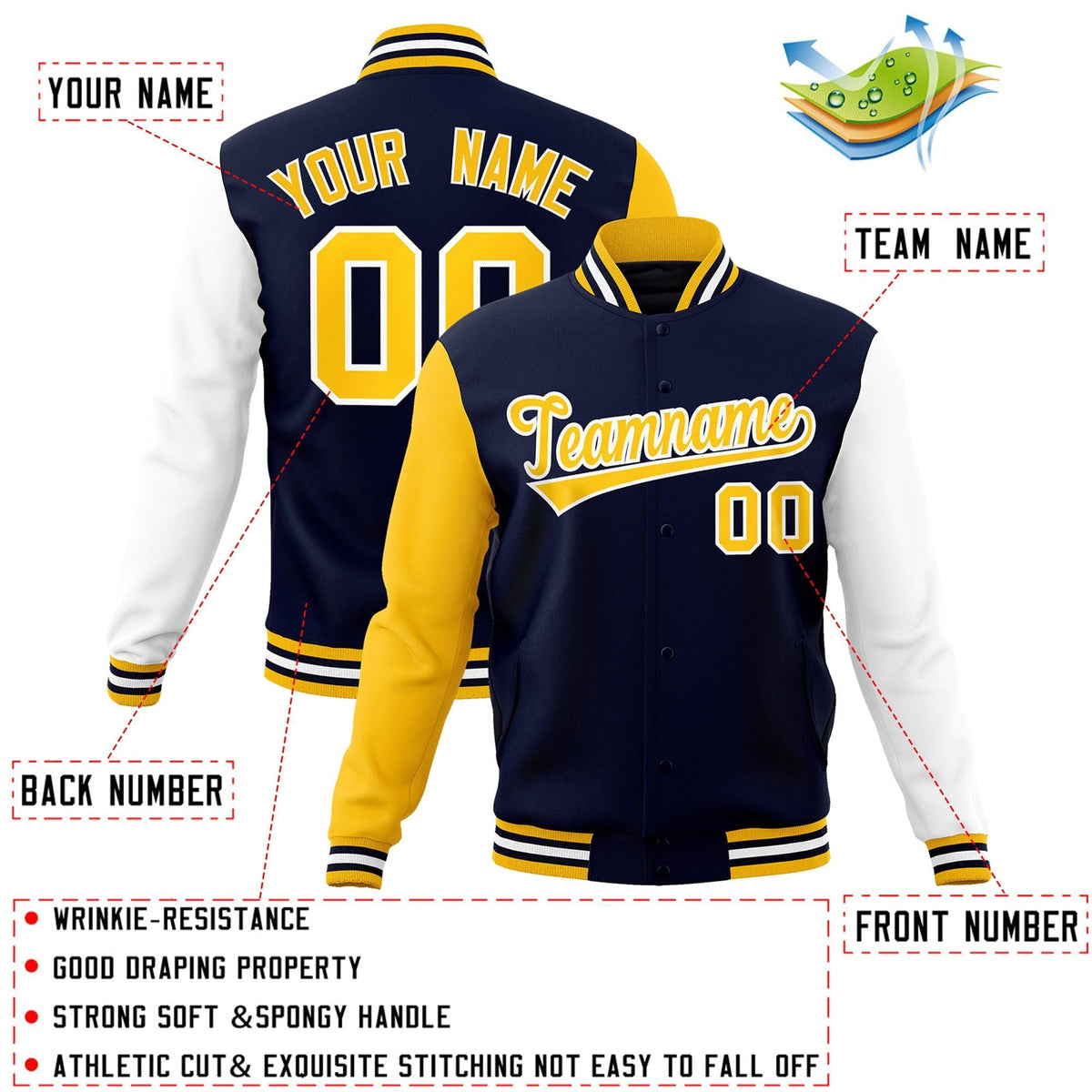 Custom Navy Gold-White Letterman Jacket with Contrast Sleeves Varsity Full-Snap