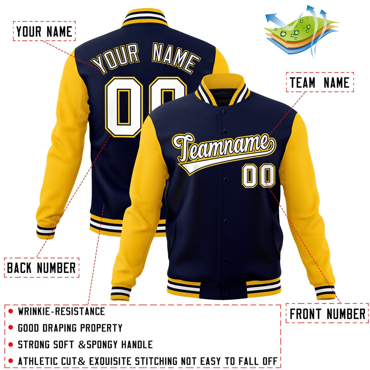 Custom Navy White-Navy Letterman Jacket with Contrast Sleeves Varsity Full-Snap