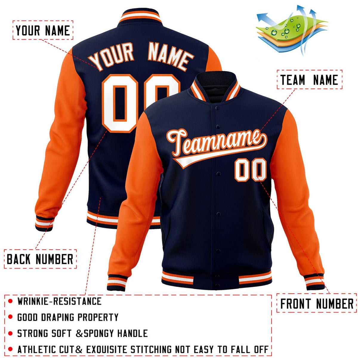 Custom Navy White-Orange Letterman Jacket with Contrast Sleeves Varsity Full-Snap