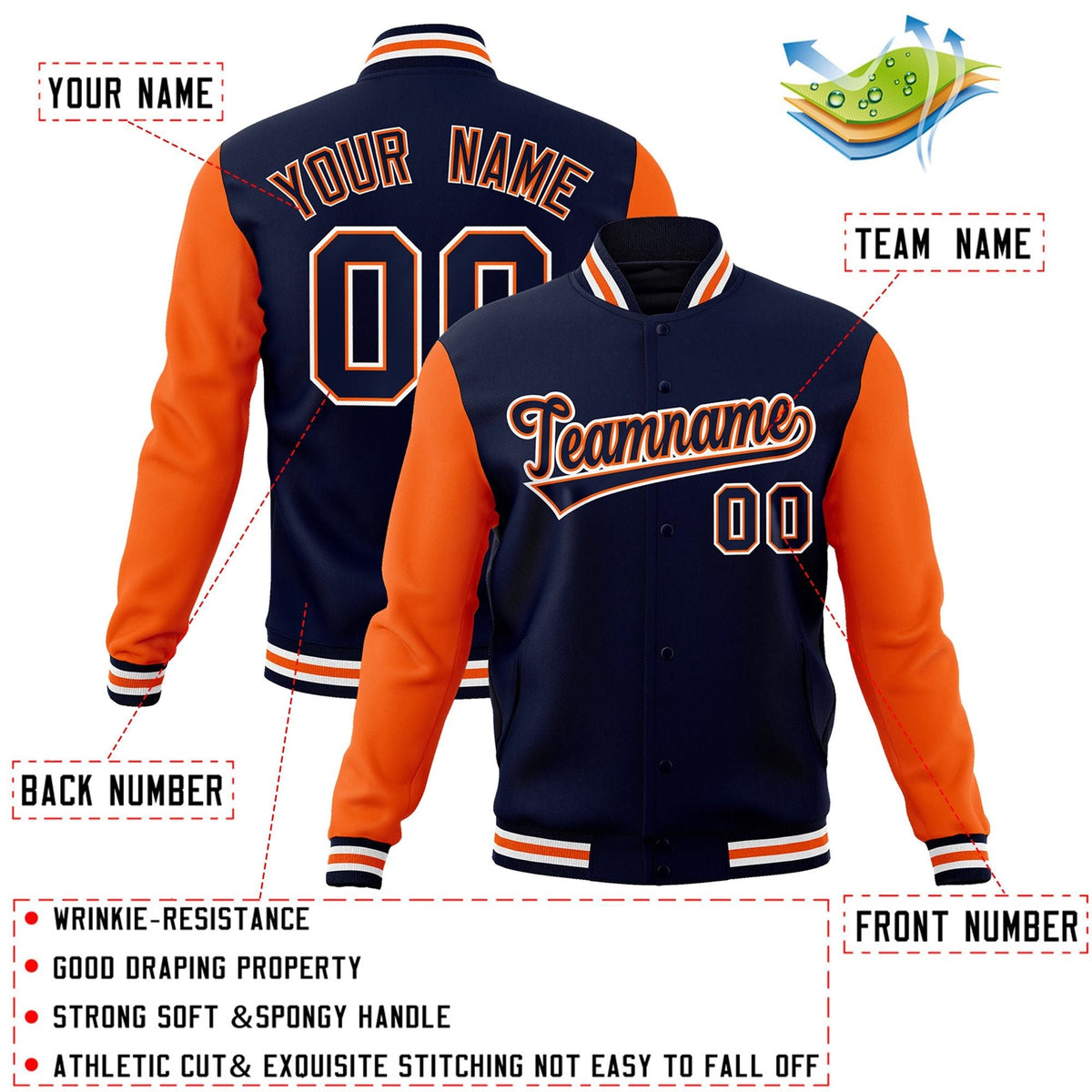 Custom Navy Navy-Orange Letterman Jacket with Contrast Sleeves Varsity Full-Snap