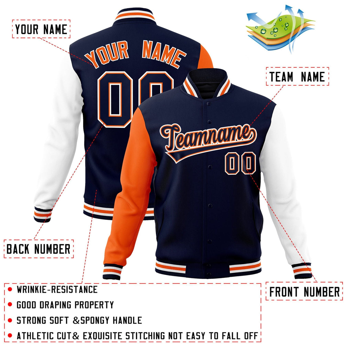 Custom Navy Navy-Orange Letterman Jacket with Contrast Sleeves Varsity Full-Snap
