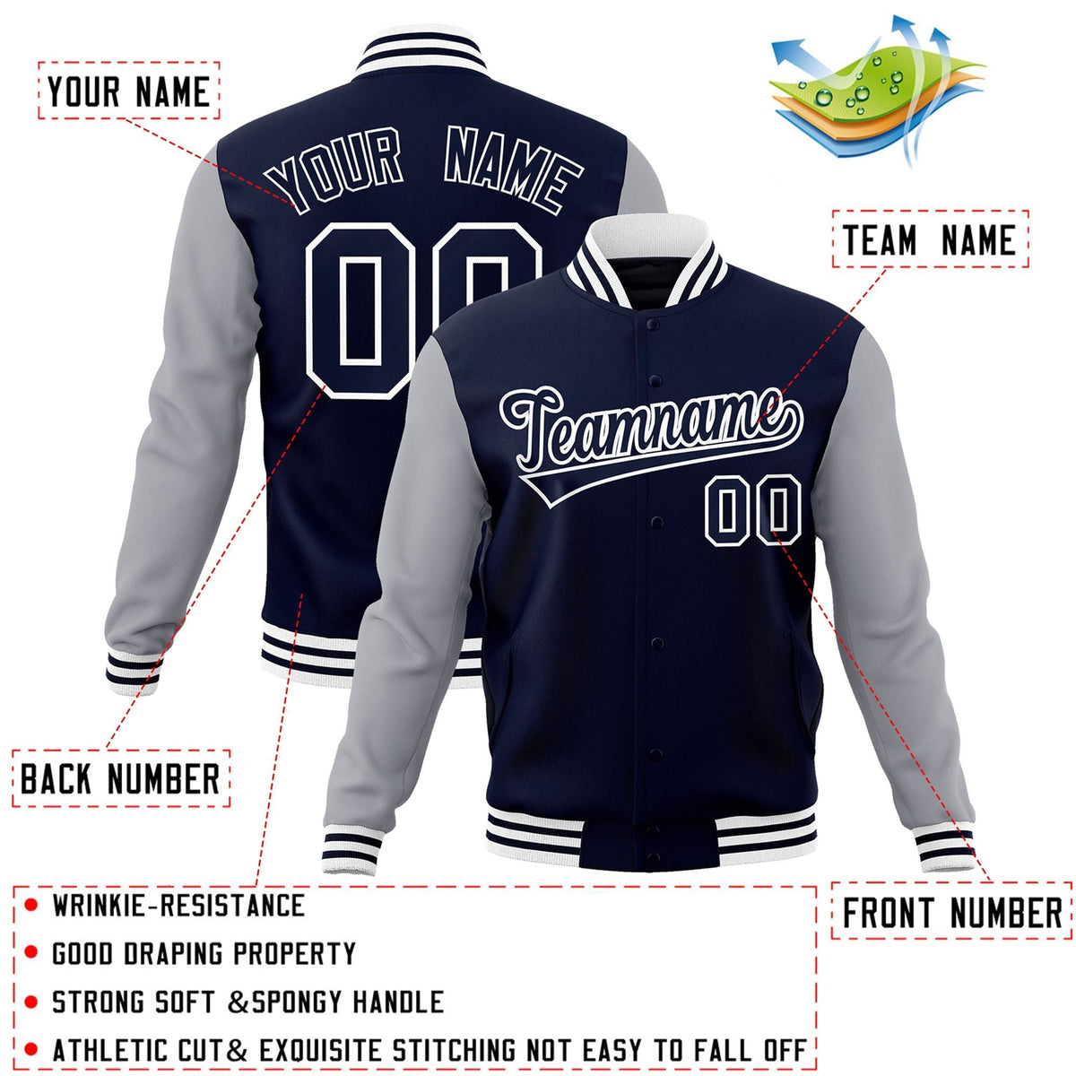 Custom Navy Navy-White Letterman Jacket with Contrast Sleeves Varsity Full-Snap