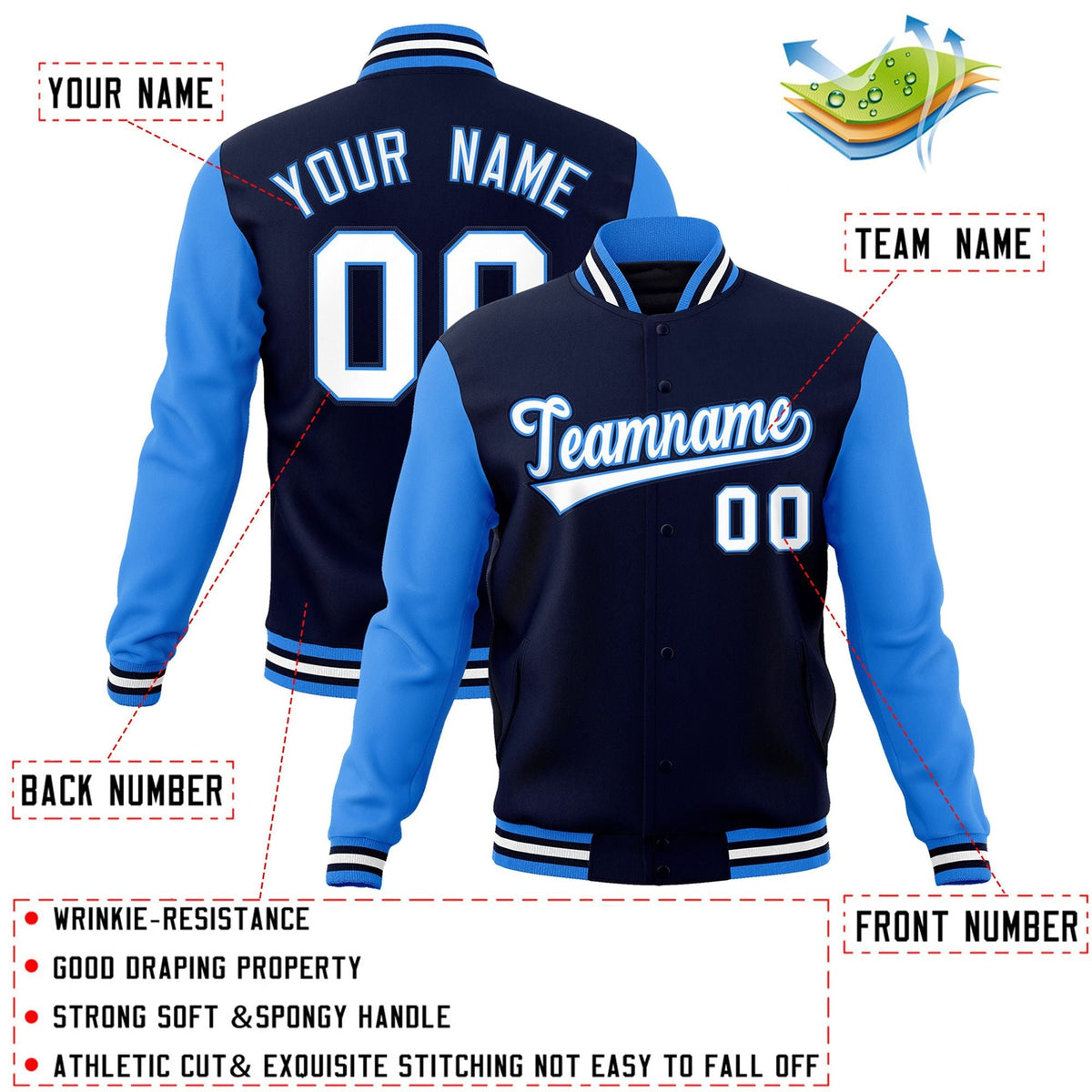Custom Navy White-Powder Blue Letterman Jacket with Contrast Sleeves Varsity Full-Snap