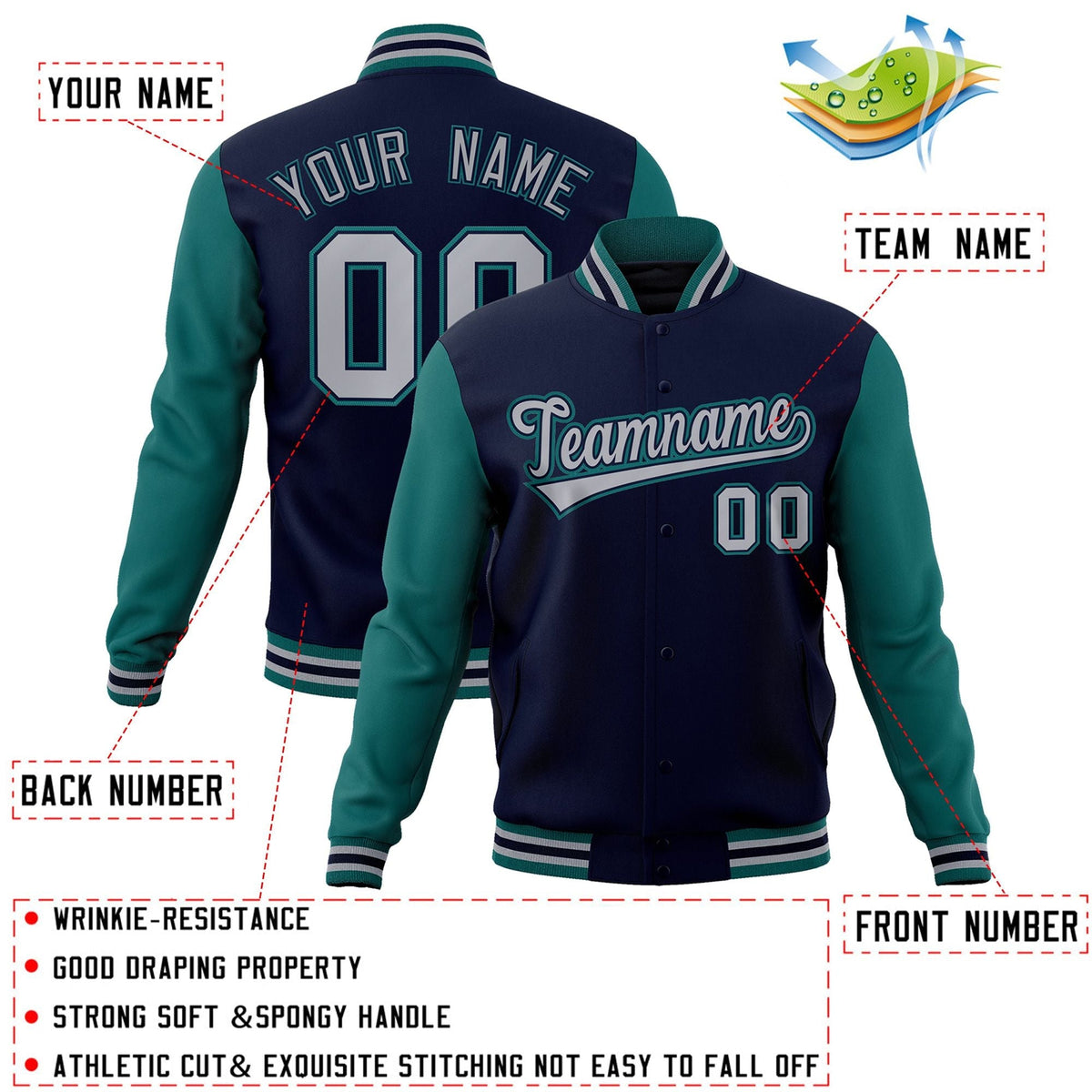 Custom Navy Gray-Navy Letterman Jacket with Contrast Sleeves Varsity Full-Snap