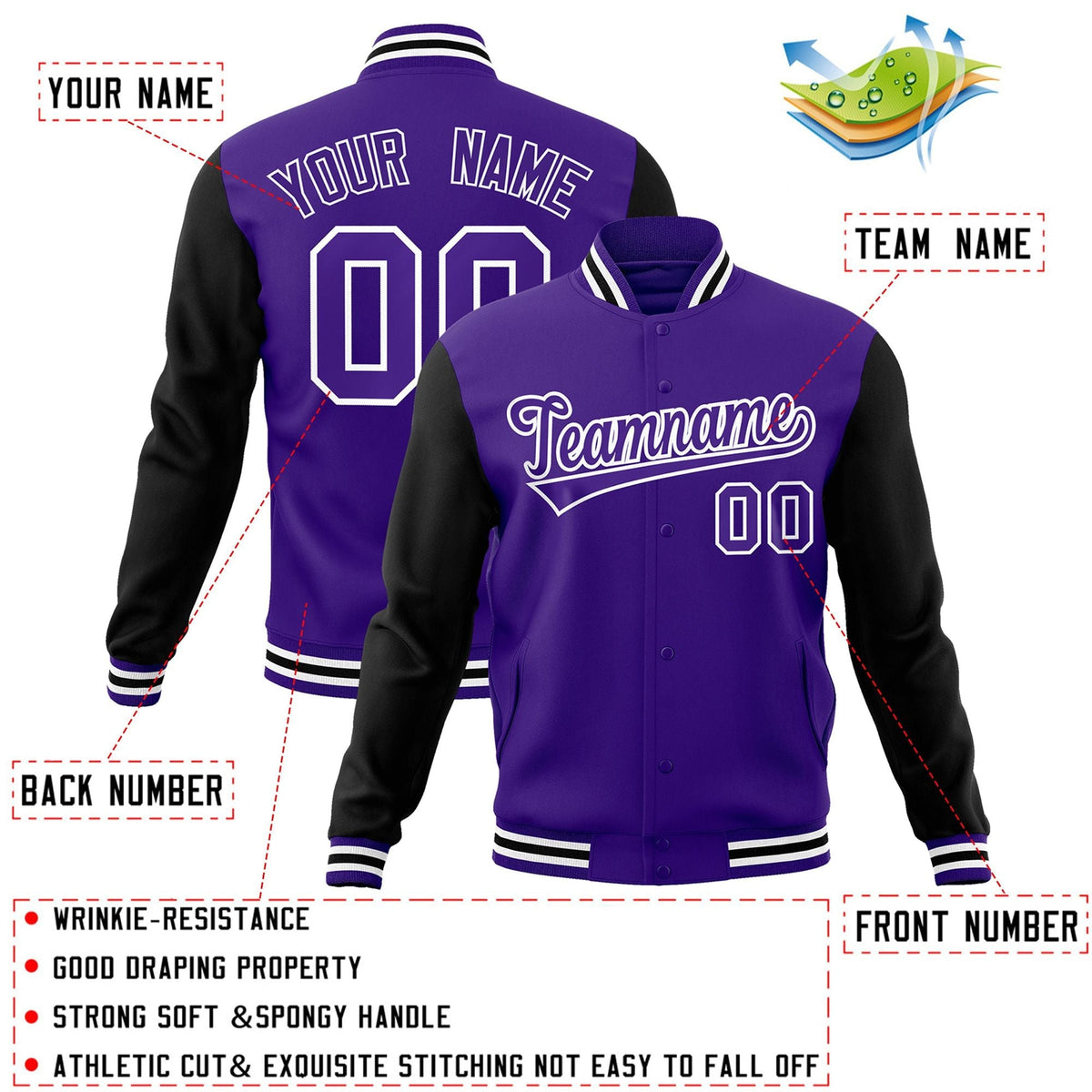 Custom Purple Purple-White Letterman Jacket with Contrast Sleeves Varsity Full-Snap