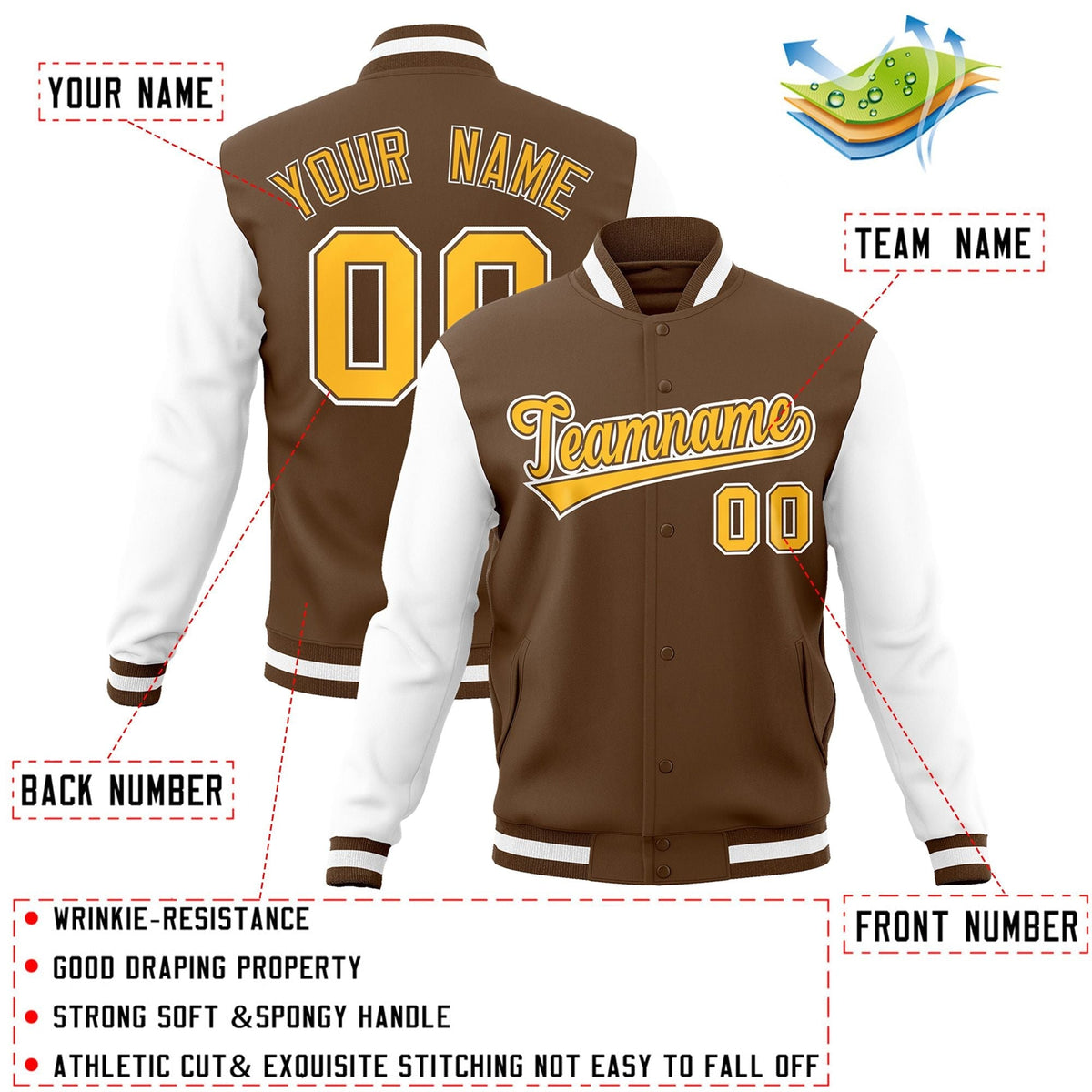 Custom Light Brown Gold-White Letterman Jacket with Contrast Sleeves Varsity Full-Snap