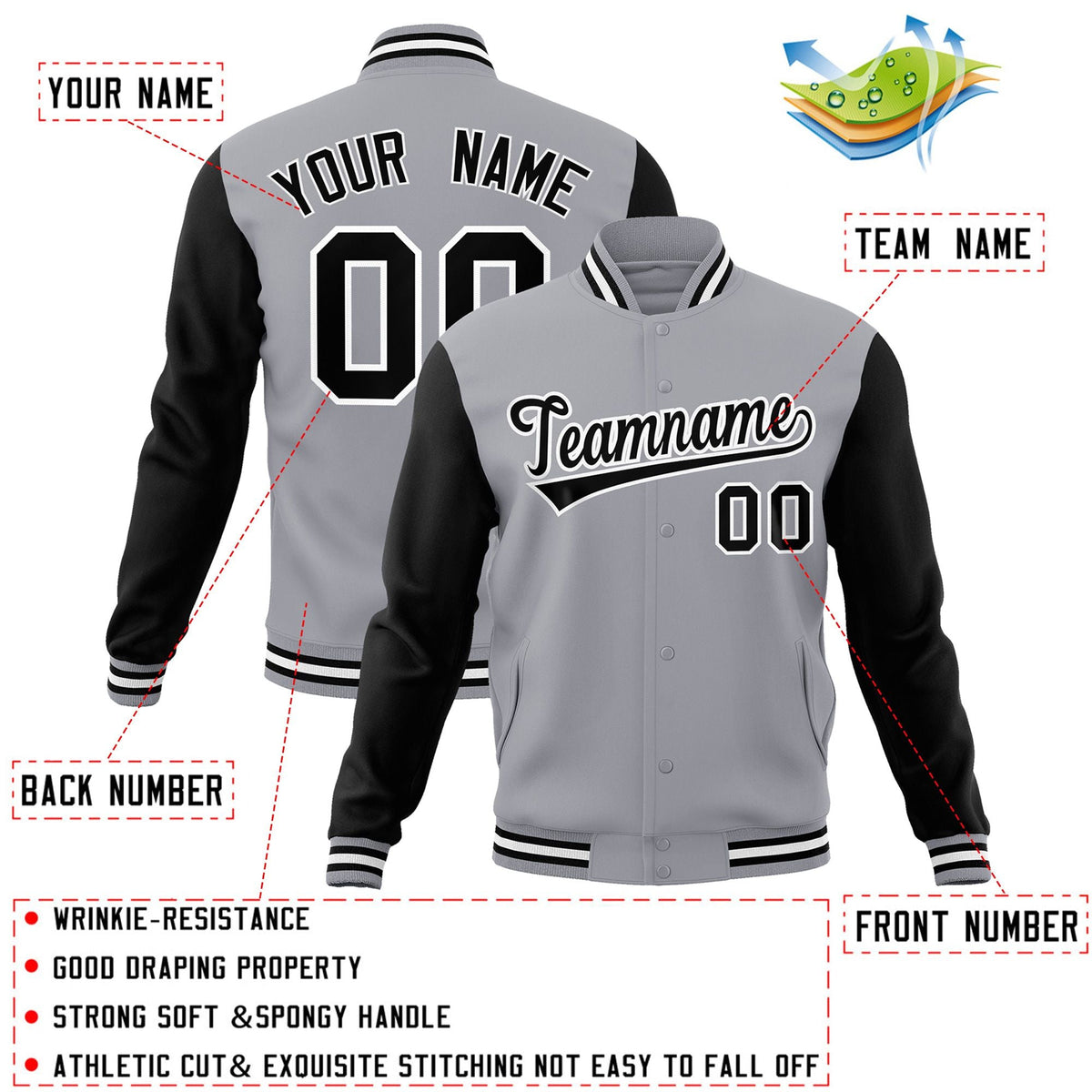 Custom Gray Black-White Letterman Jacket with Contrast Sleeves Varsity Full-Snap