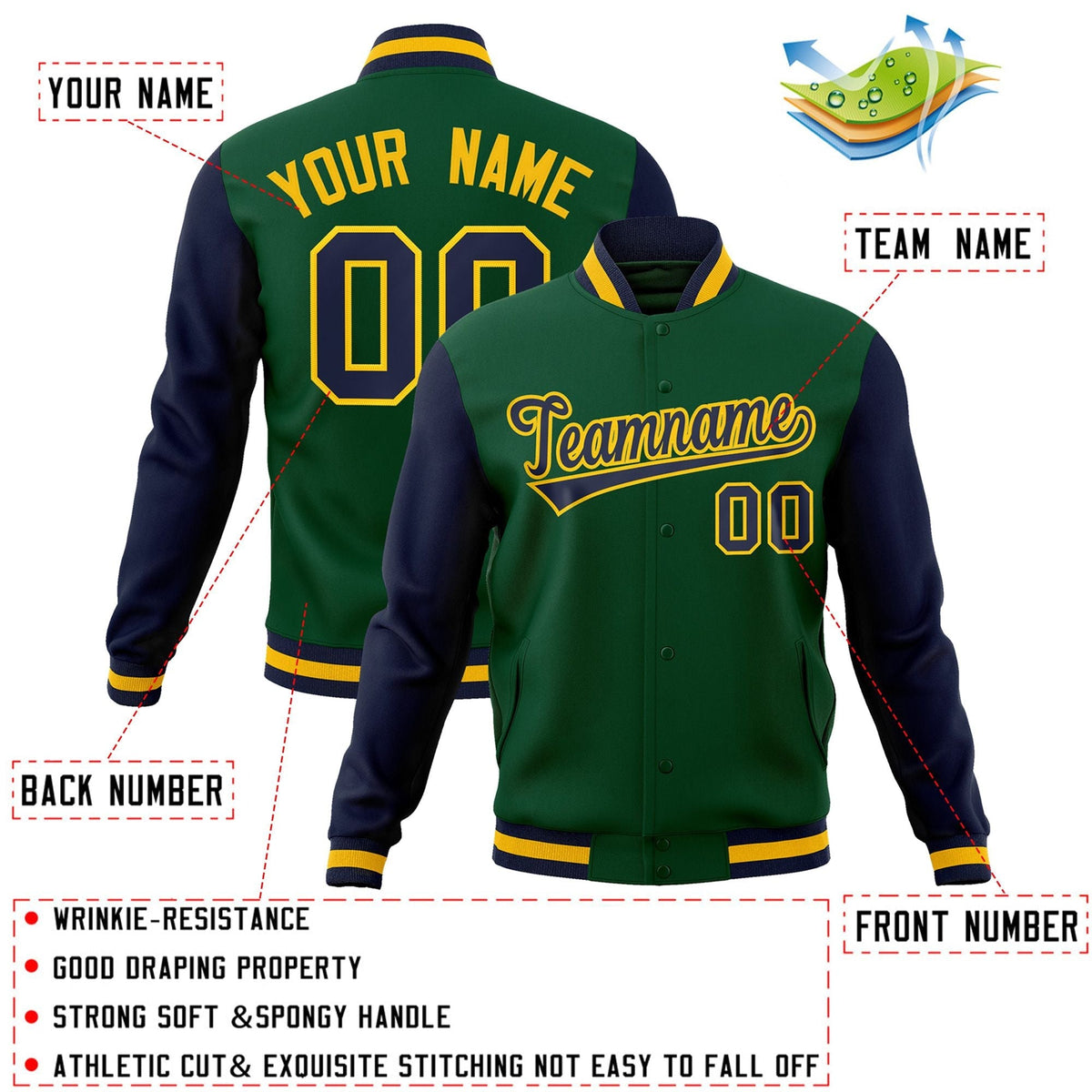Custom Green Navy-Gold Letterman Jacket with Contrast Sleeves Varsity Full-Snap