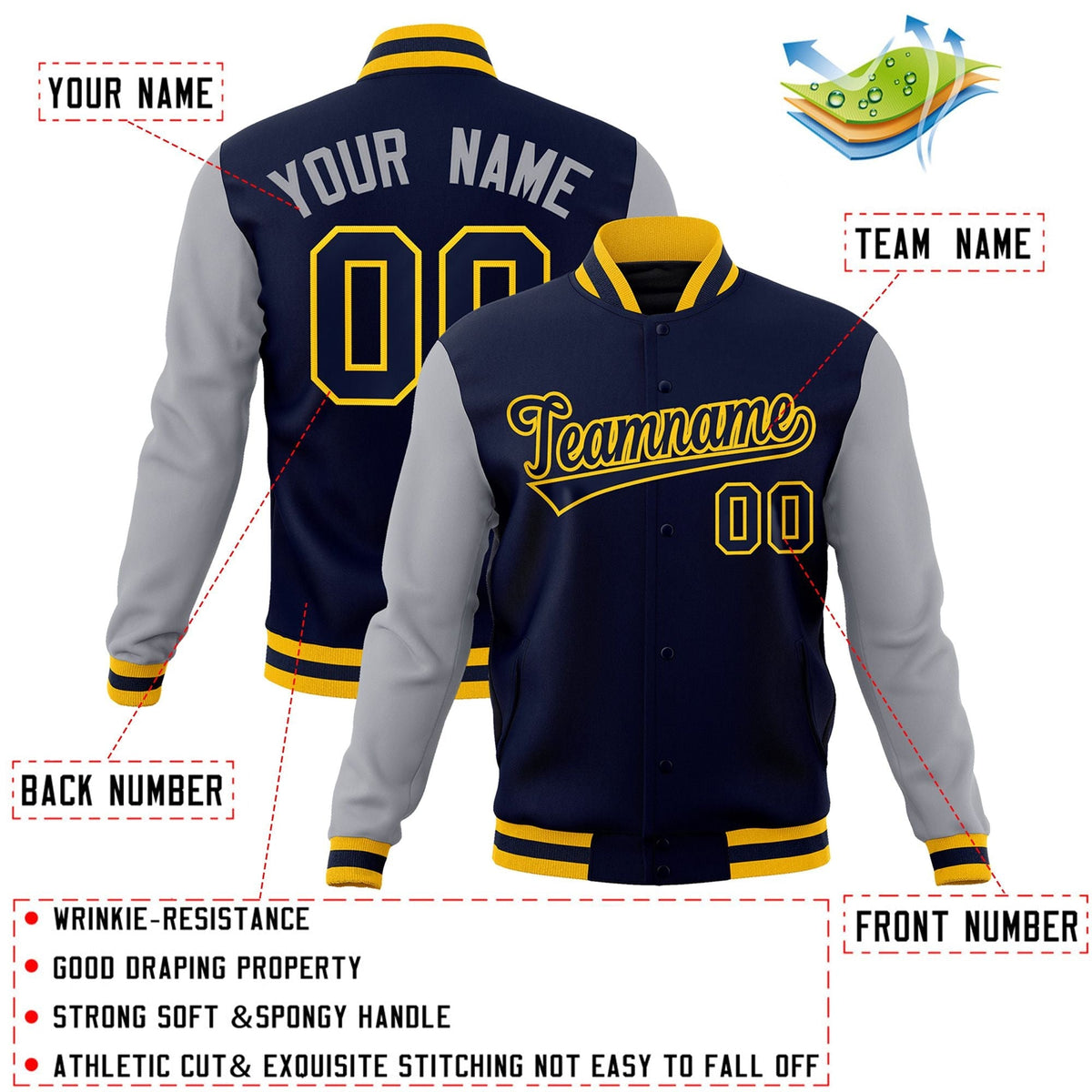 Custom Navy Navy-Gold Letterman Jacket with Contrast Sleeves Varsity Full-Snap