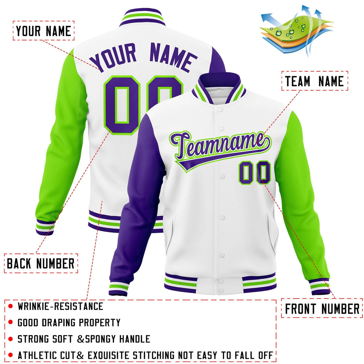 Custom White Purple-White Letterman Jacket with Contrast Sleeves Varsity Full-Snap