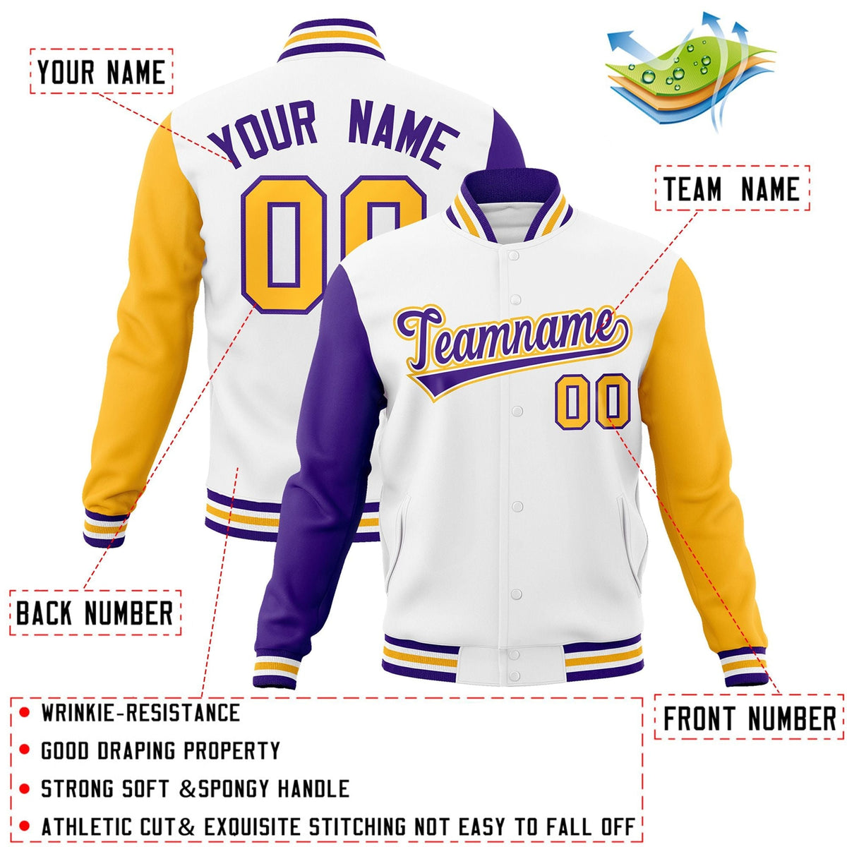 Custom White Purple-White Letterman Jacket with Contrast Sleeves Varsity Full-Snap