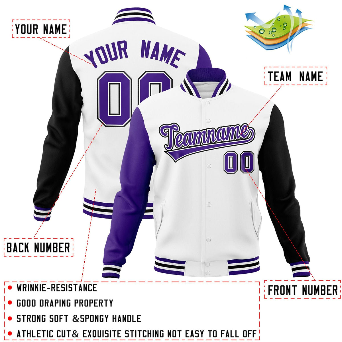 Custom White Purple-White Letterman Jacket with Contrast Sleeves Varsity Full-Snap