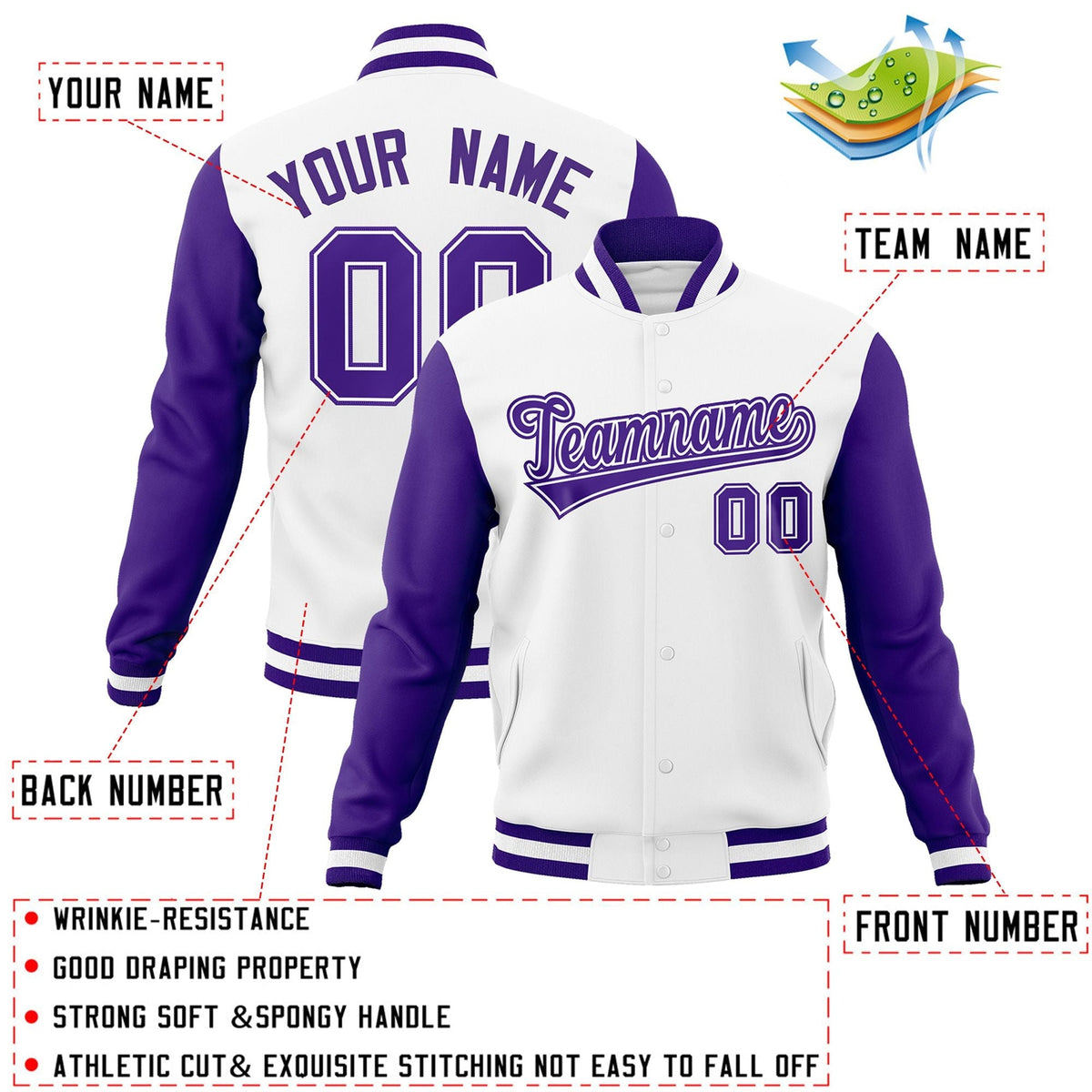 Custom White Purple-White Letterman Jacket with Contrast Sleeves Varsity Full-Snap