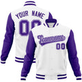 Custom White Purple-White Raglan Sleeves Varsity Full-Snap Letterman Jacket