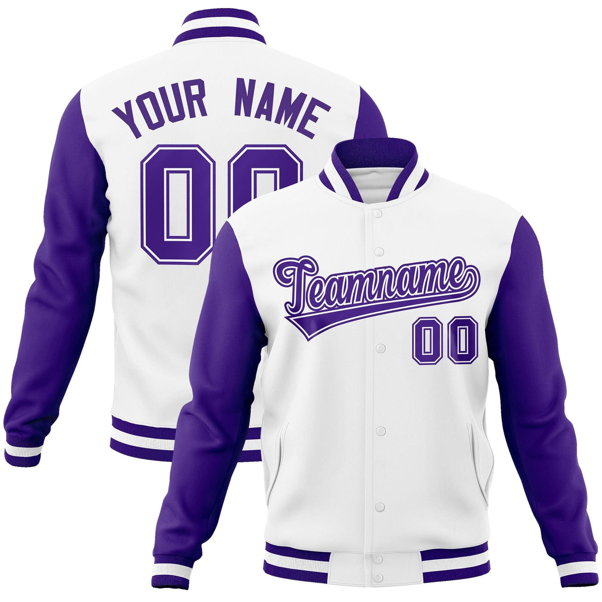 Custom White Purple-White Raglan Sleeves Varsity Full-Snap Letterman Jacket