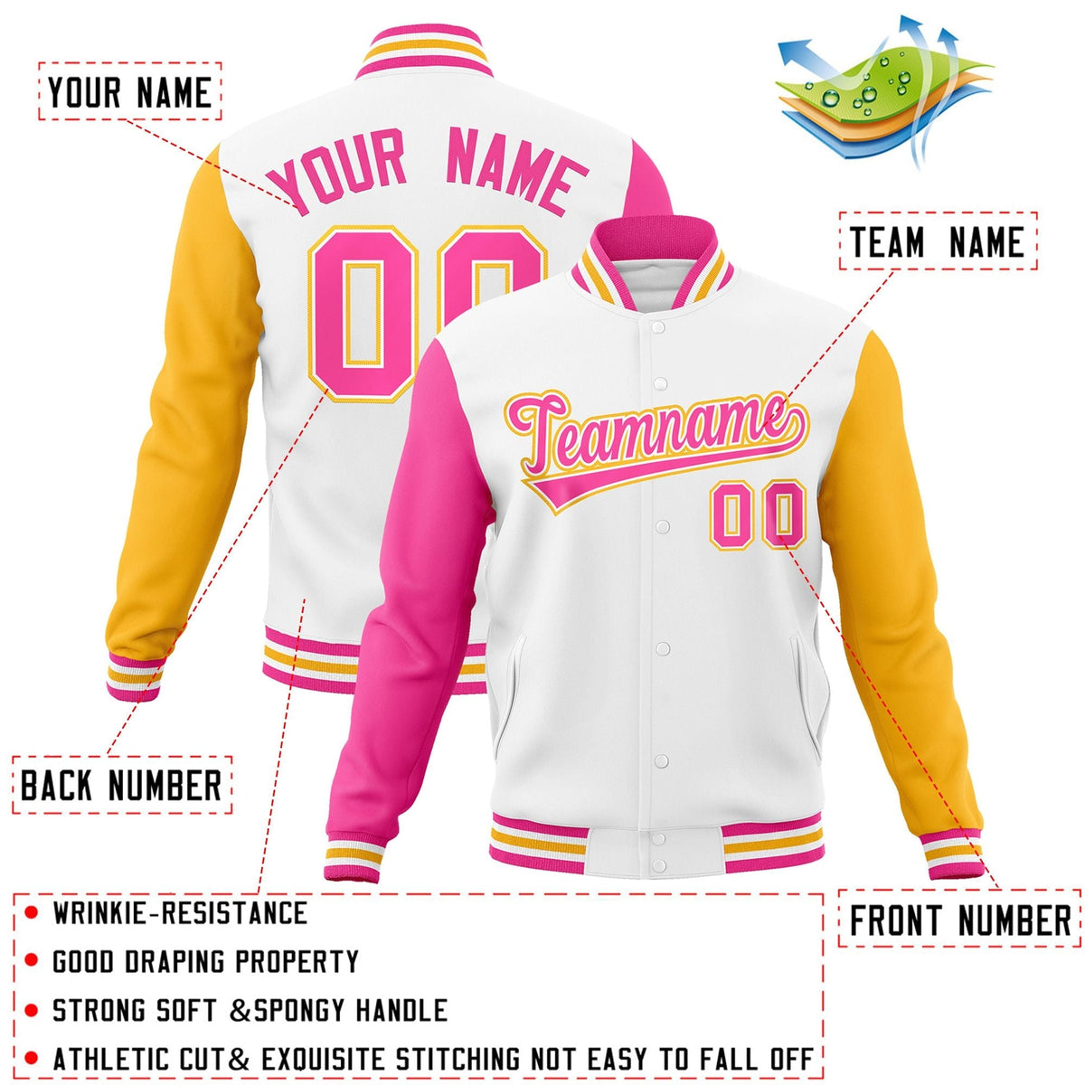 Custom White Pink-White Letterman Jacket with Contrast Sleeves Varsity Full-Snap