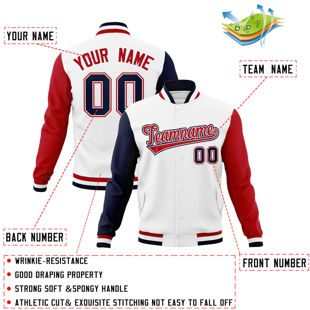 Custom White Red-White Letterman Jacket with Contrast Sleeves Varsity Full-Snap