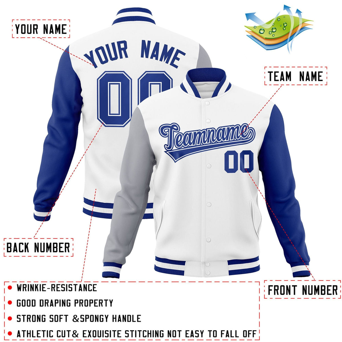 Custom White Royal-White Letterman Jacket with Contrast Sleeves Varsity Full-Snap