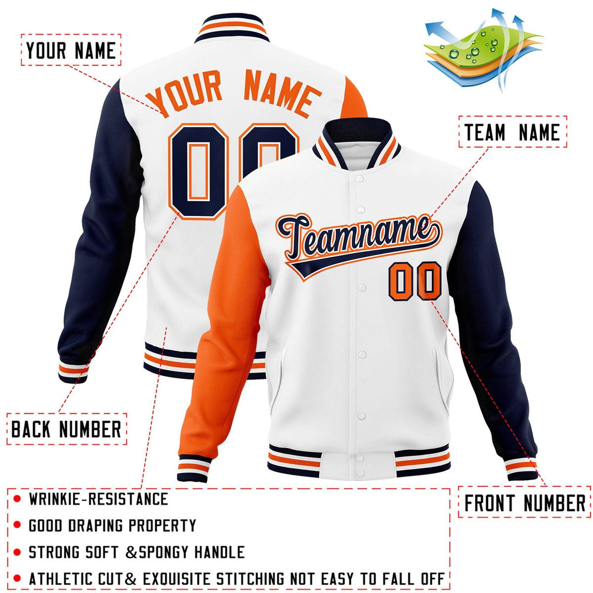 Custom White Navy-White Letterman Jacket with Contrast Sleeves Varsity Full-Snap