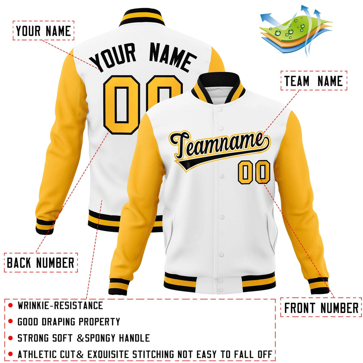Custom White Black-White Letterman Jacket with Contrast Sleeves Varsity Full-Snap