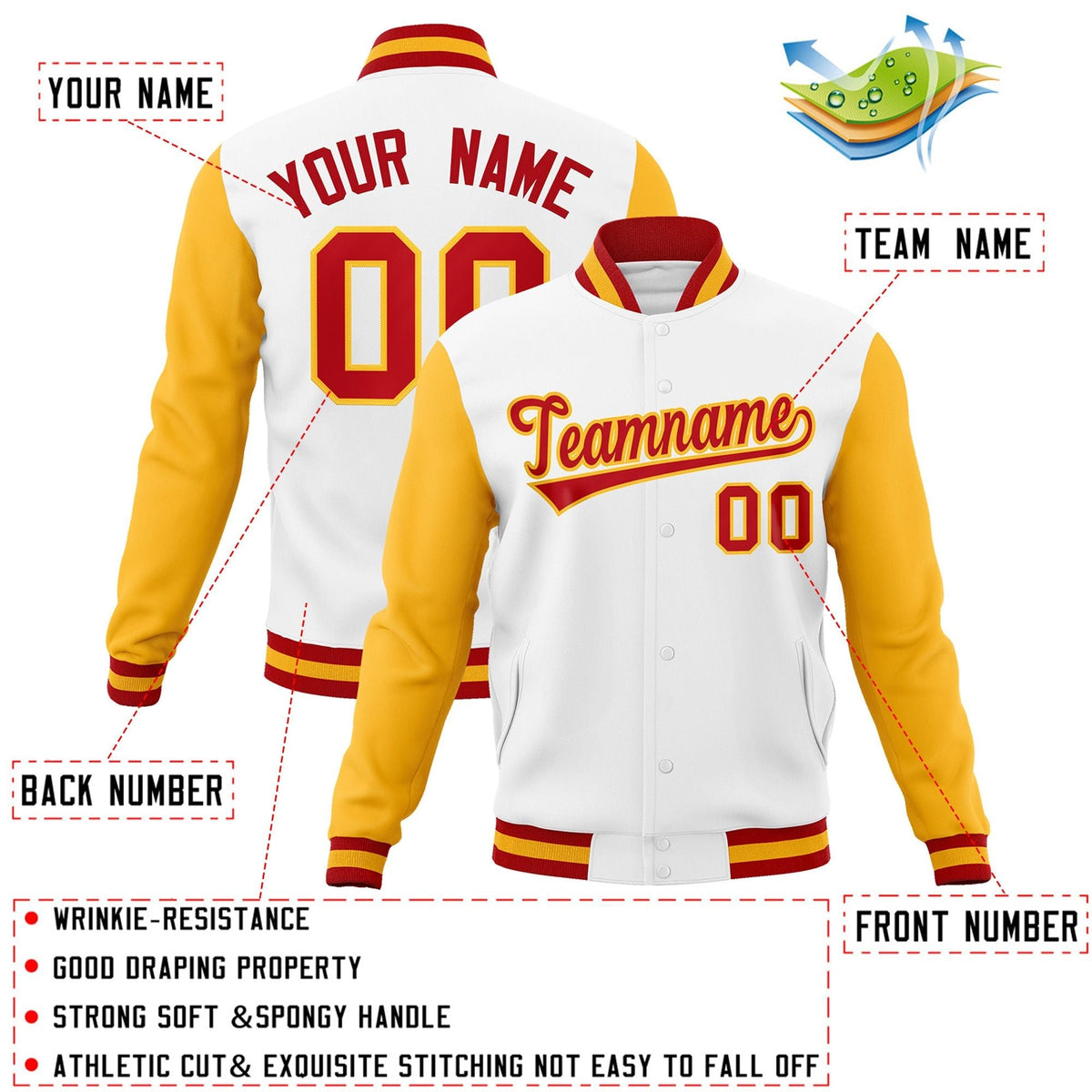 Custom White Red-Gold Letterman Jacket with Contrast Sleeves Varsity Full-Snap
