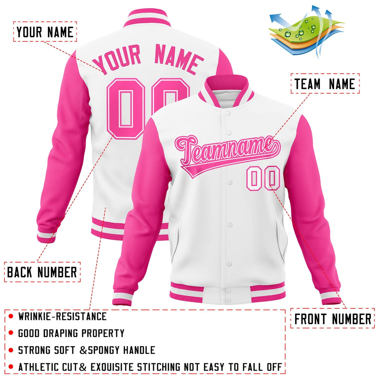 Custom White Pink-White Letterman Jacket with Contrast Sleeves Varsity Full-Snap