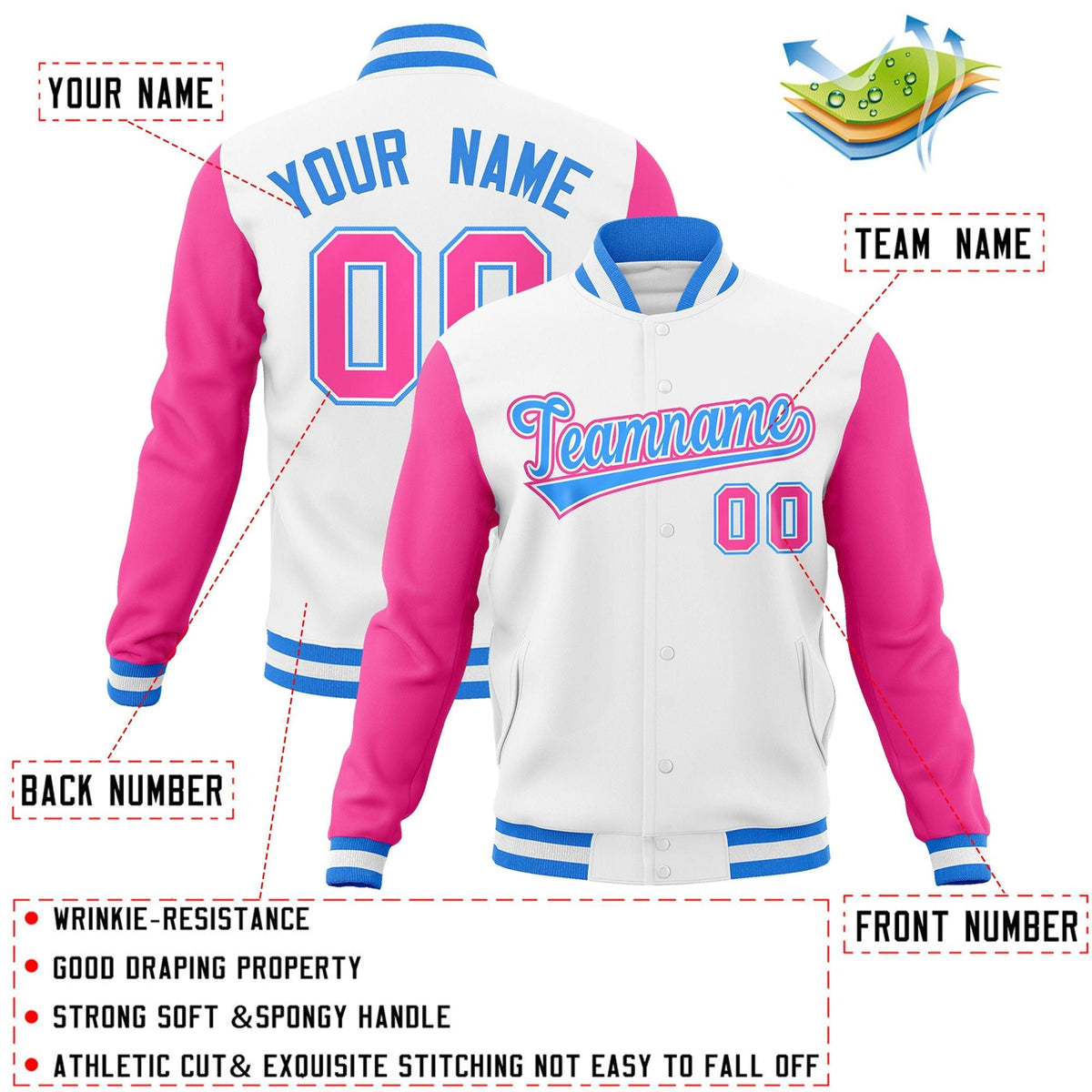 Custom White Powder Blue-White Letterman Jacket with Contrast Sleeves Varsity Full-Snap
