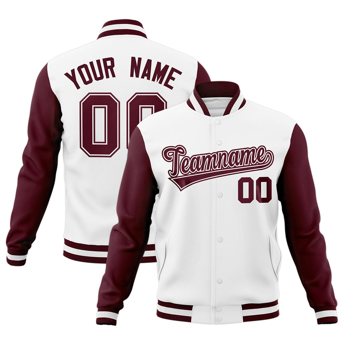 Custom White Crimson-White Raglan Sleeves Varsity Full-Snap Letterman Jacket